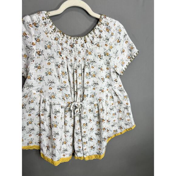 Cousin Earl Beige Yellow Floral Babydoll Peasant Top Sz XS Cottagecore Boho - Picture 7 of 12